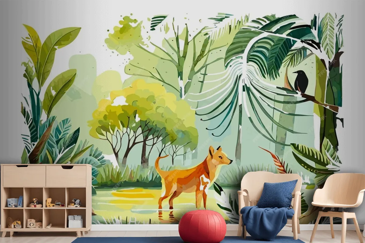 Watercolor Painting Of A Dog And A Bird In A Jungle Wallpaper Mural