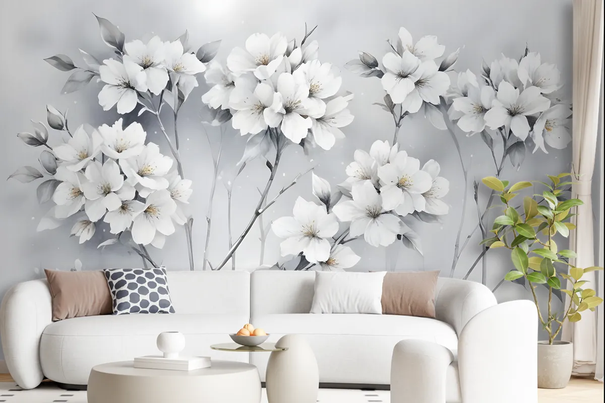 Watercolor Painting White Flowers Wallpaper Mural