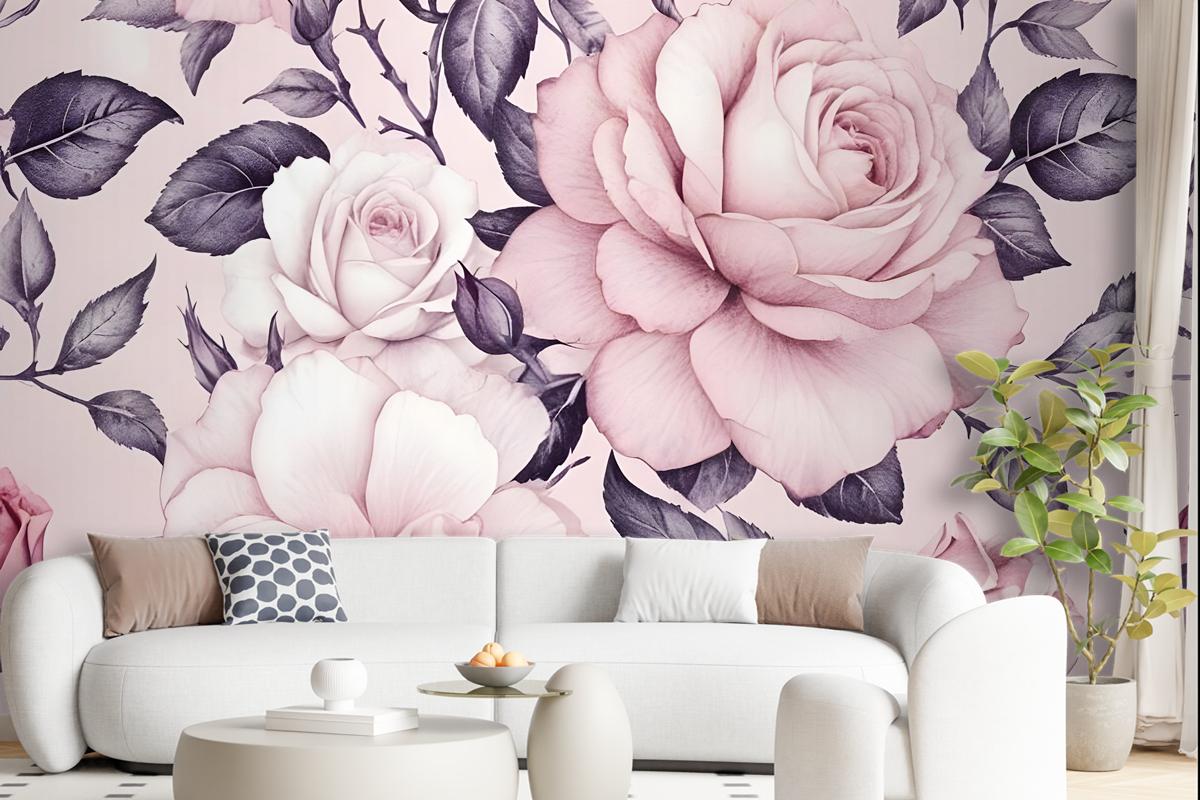 Watercolor Pink Floral Pattern Wallpaper Mural