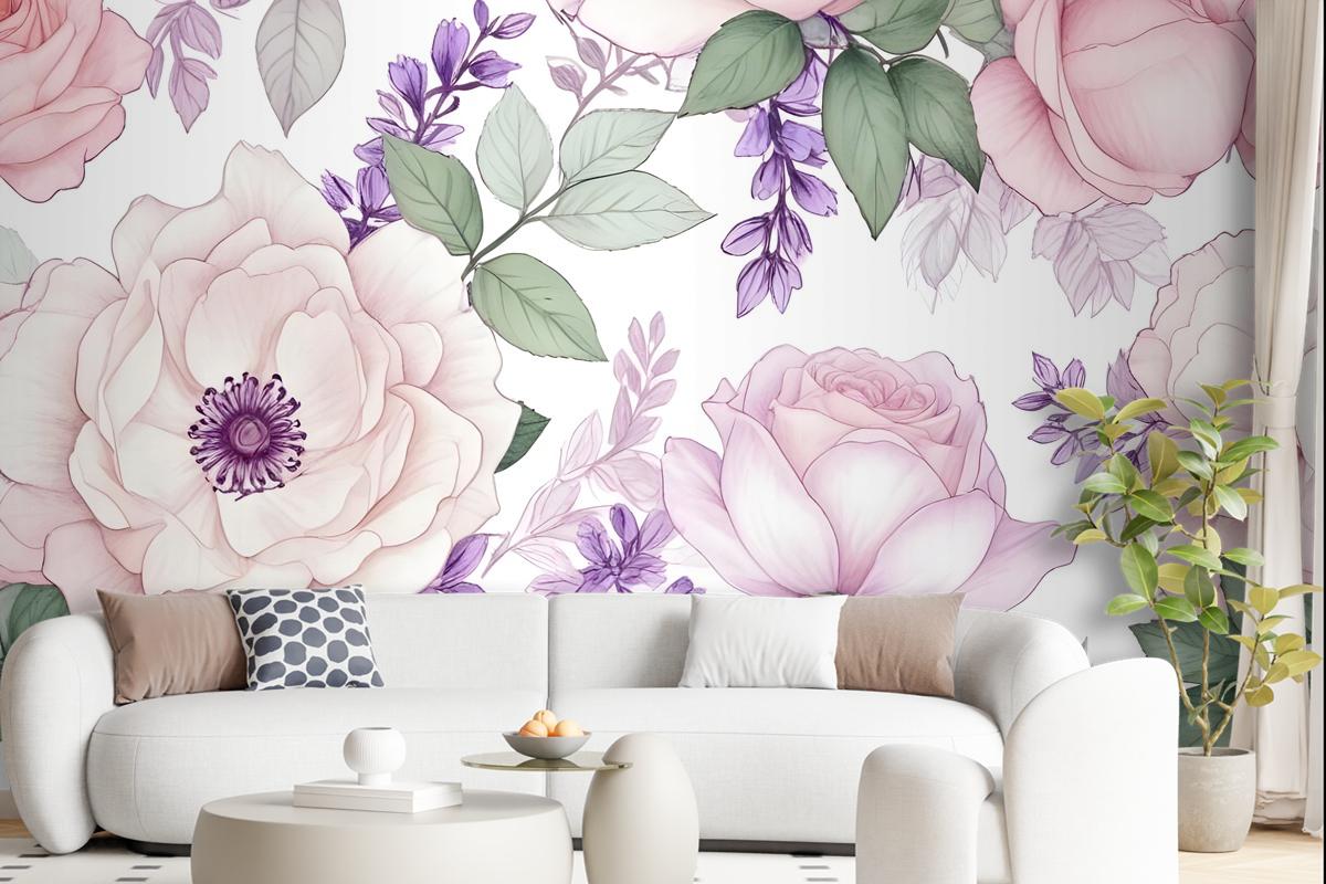 Watercolor Pink Floral Pattern With Wisteria Wallpaper Mural