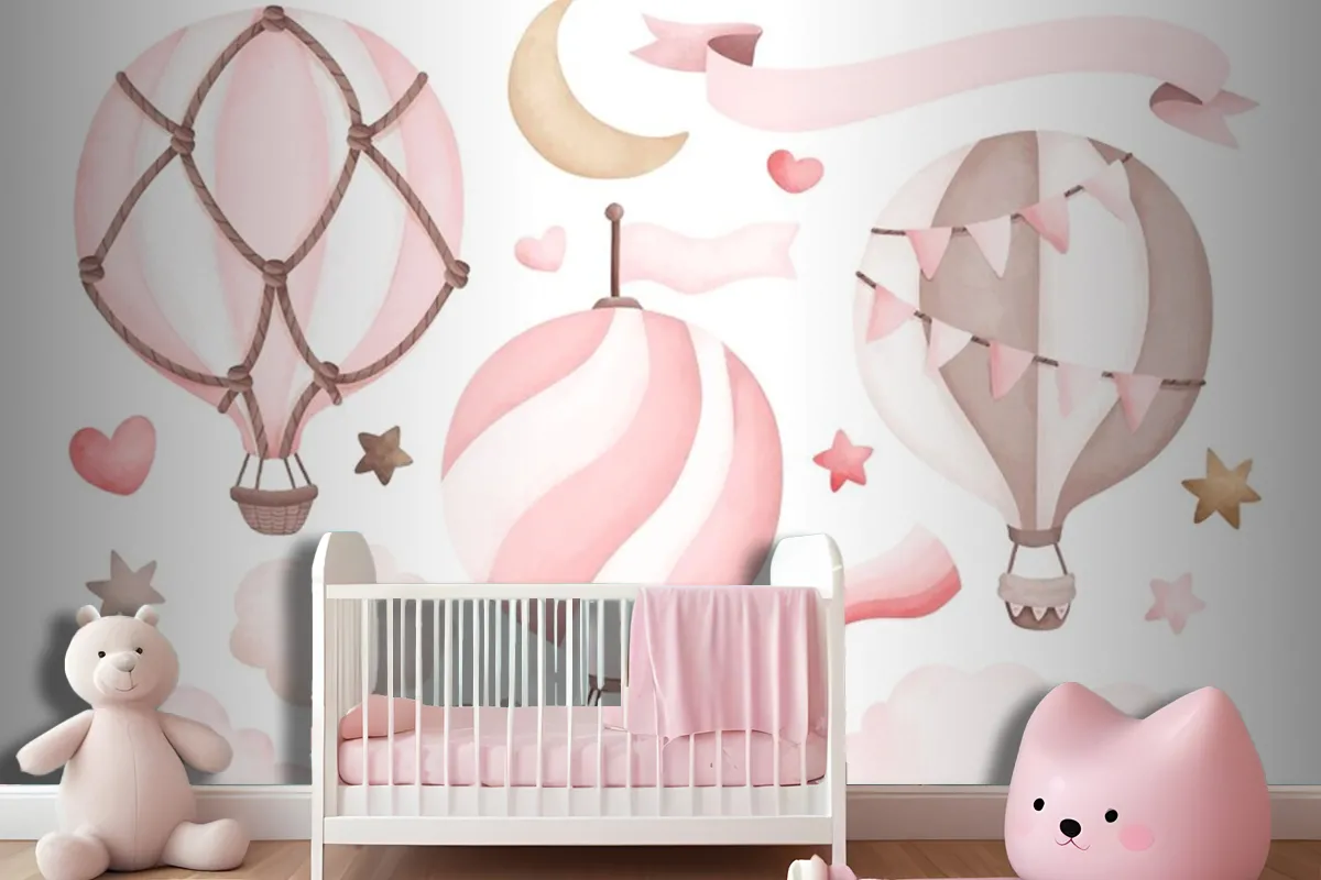 Watercolor Pink Hot Air Balloon Wallpaper Mural