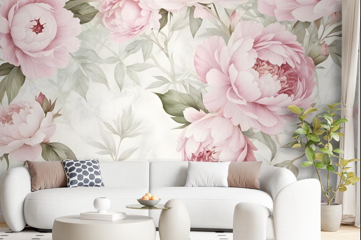 Watercolor Pink Peony Floral Blossom Wallpaper Mural