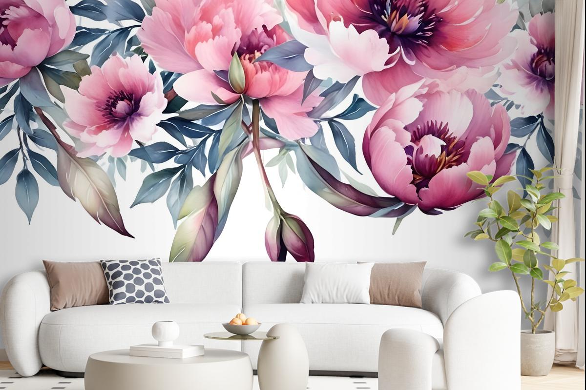 Watercolor Pink Peony Flower Wallpaper Mural