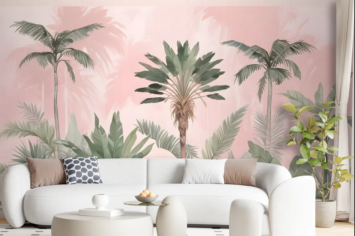 Watercolor Pink Tropical Chinoiserie Wallpaper Mural