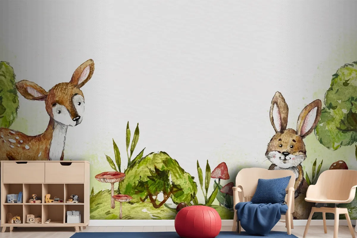 Watercolor Rabbit And Deer In Forest Wallpaper Mural