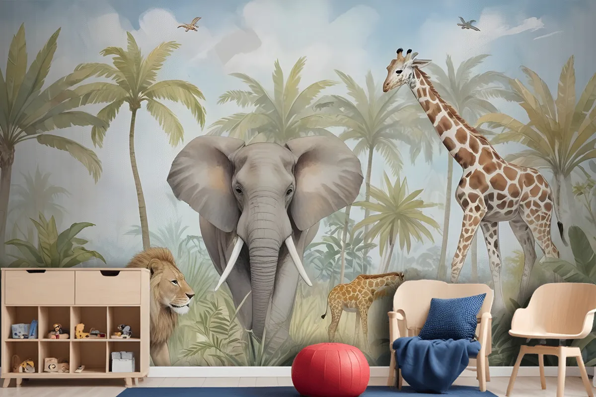 Watercolor Safari Animals In Forest Wallpaper Mural