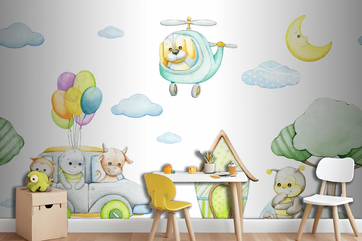 Watercolor Seamless Pattern In Cartoon Style Tropical Animals Car Helicopter Moon Wallpaper Mural