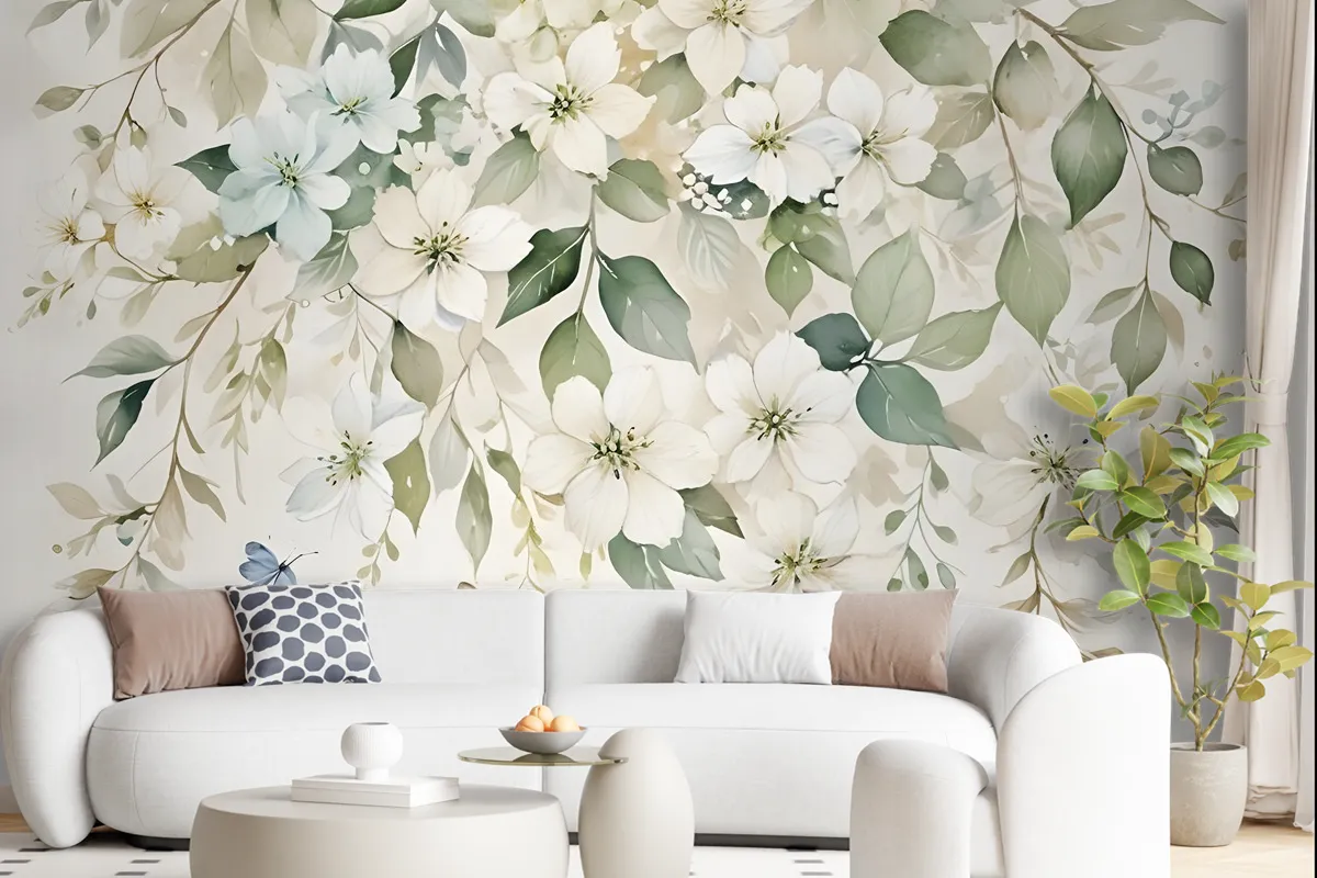 Watercolor Soft Floral With Green Leaves Wall Mural