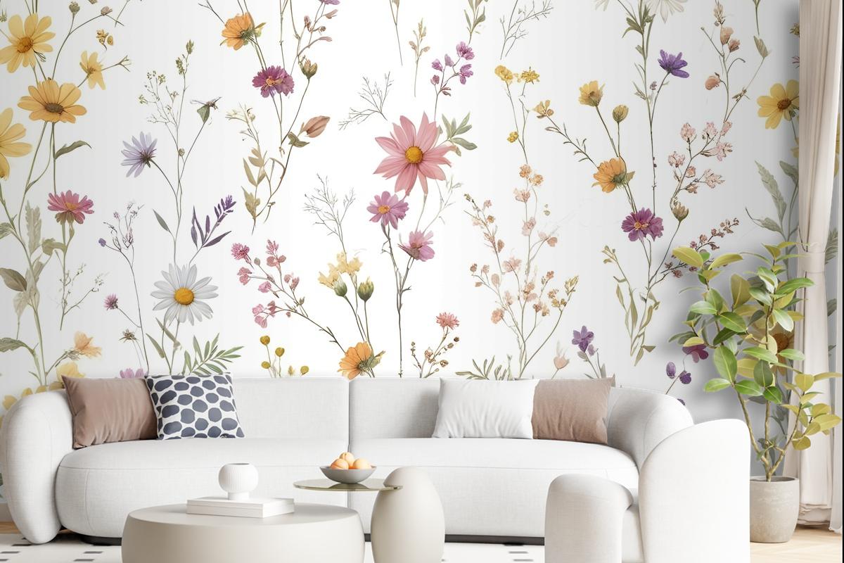 Watercolor Soft Wild Flowers Wallpaper Mural