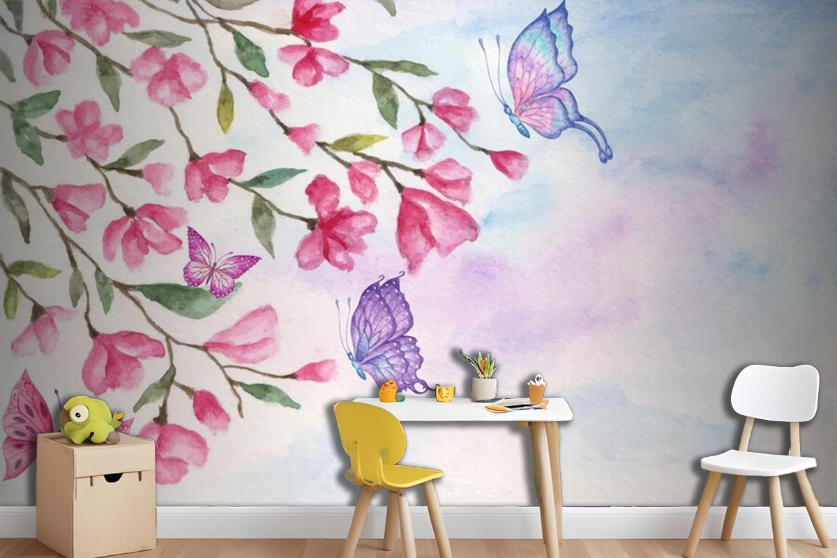 Watercolor Spring Landscape Background With Lovely Butterflies Wallpaper Mural