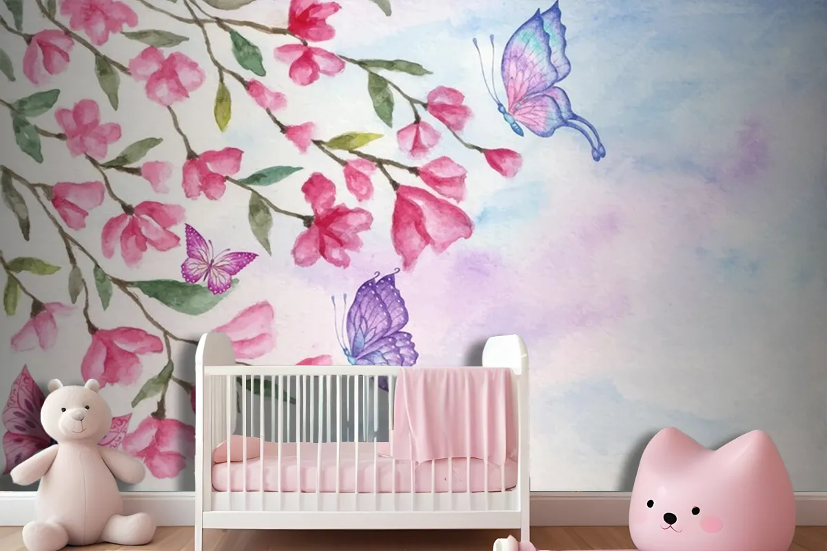 Watercolor Spring Landscape Background With Lovely Butterflies Wallpaper Mural