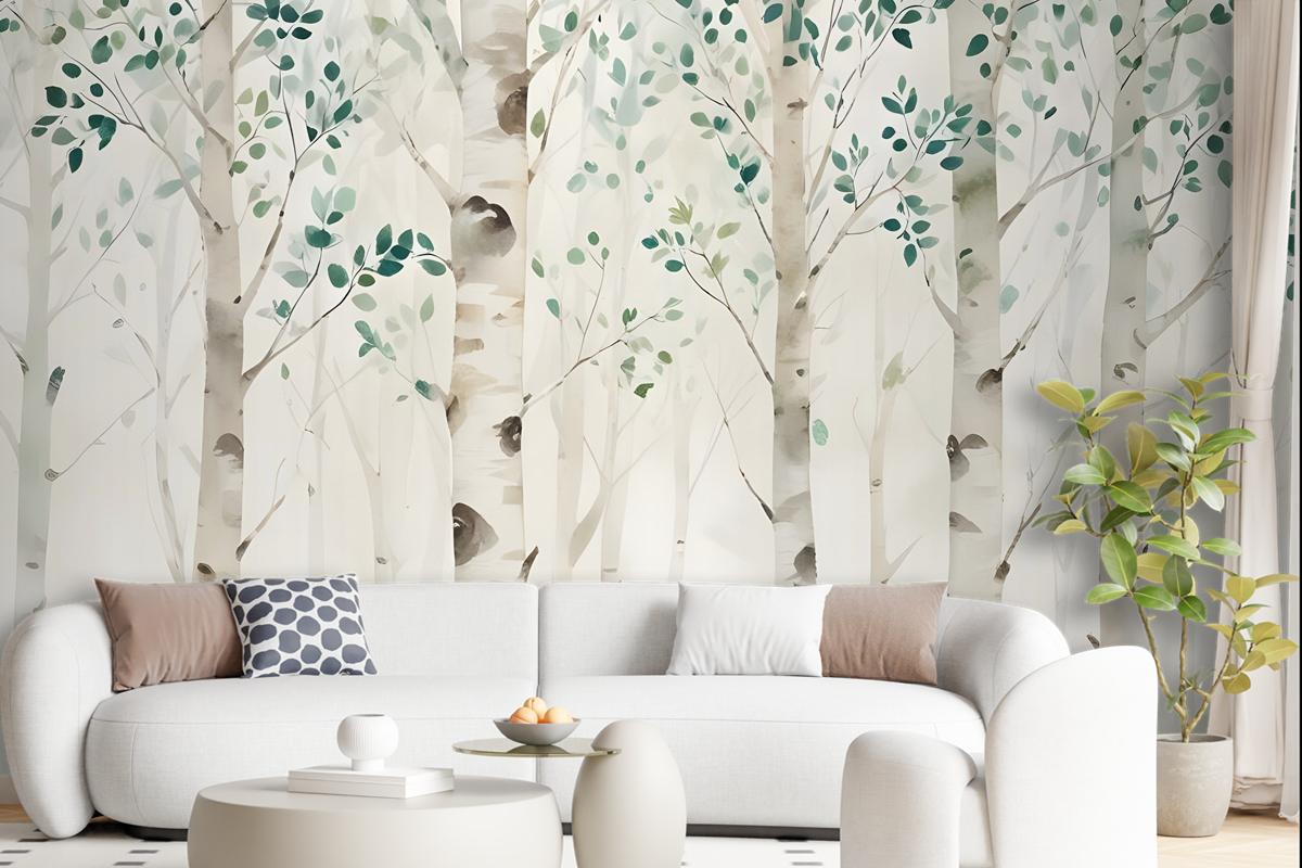 Watercolor Style Forest With Green Brown Little Leaves Wallpaper Mural