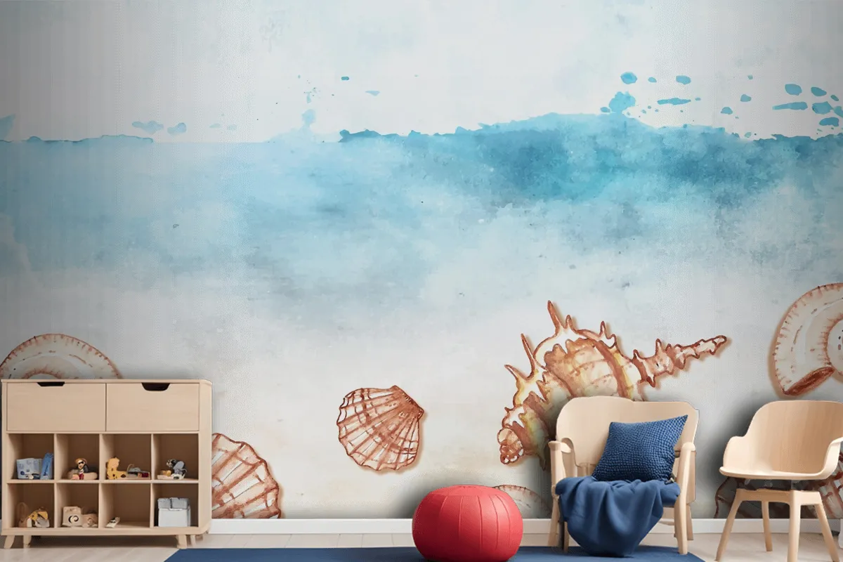 Watercolor Summer Background With Shells Wallpaper Mural