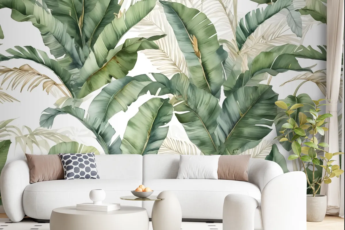 Watercolor Tropical Banana Leaf With Faux Gold Details Wallpaper Mural