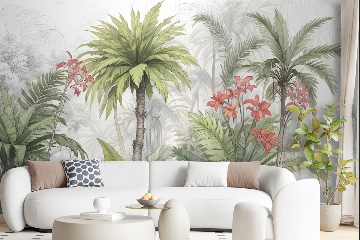 Watercolor Tropical Leaf And Flowers Wallpaper Mural