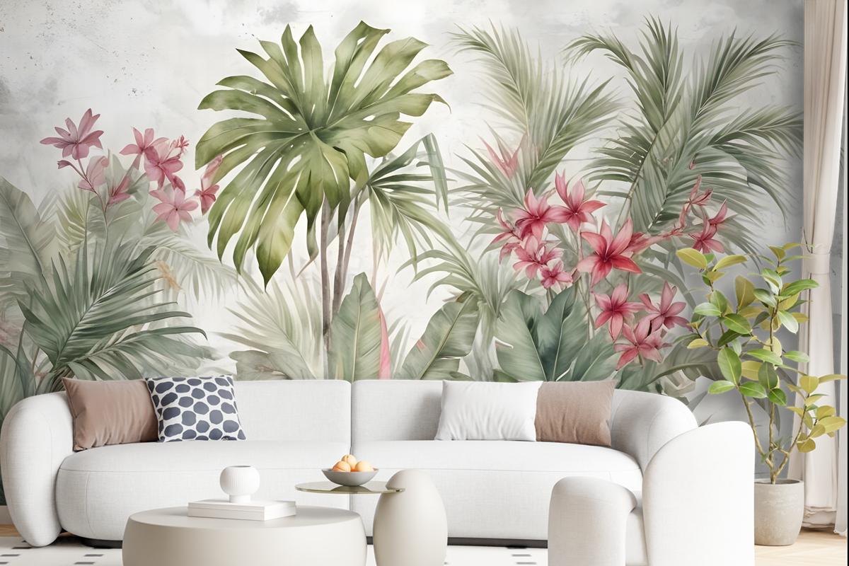 Watercolor Tropical Leaf And Flowers Wallpaper Mural