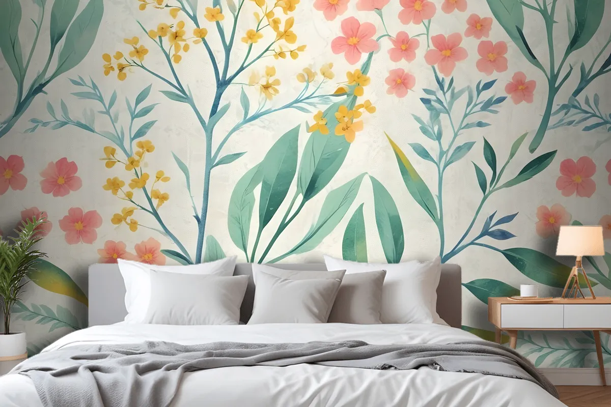 Watercolor Vintage Florals With Botanical Leaves Wallpaper Mural