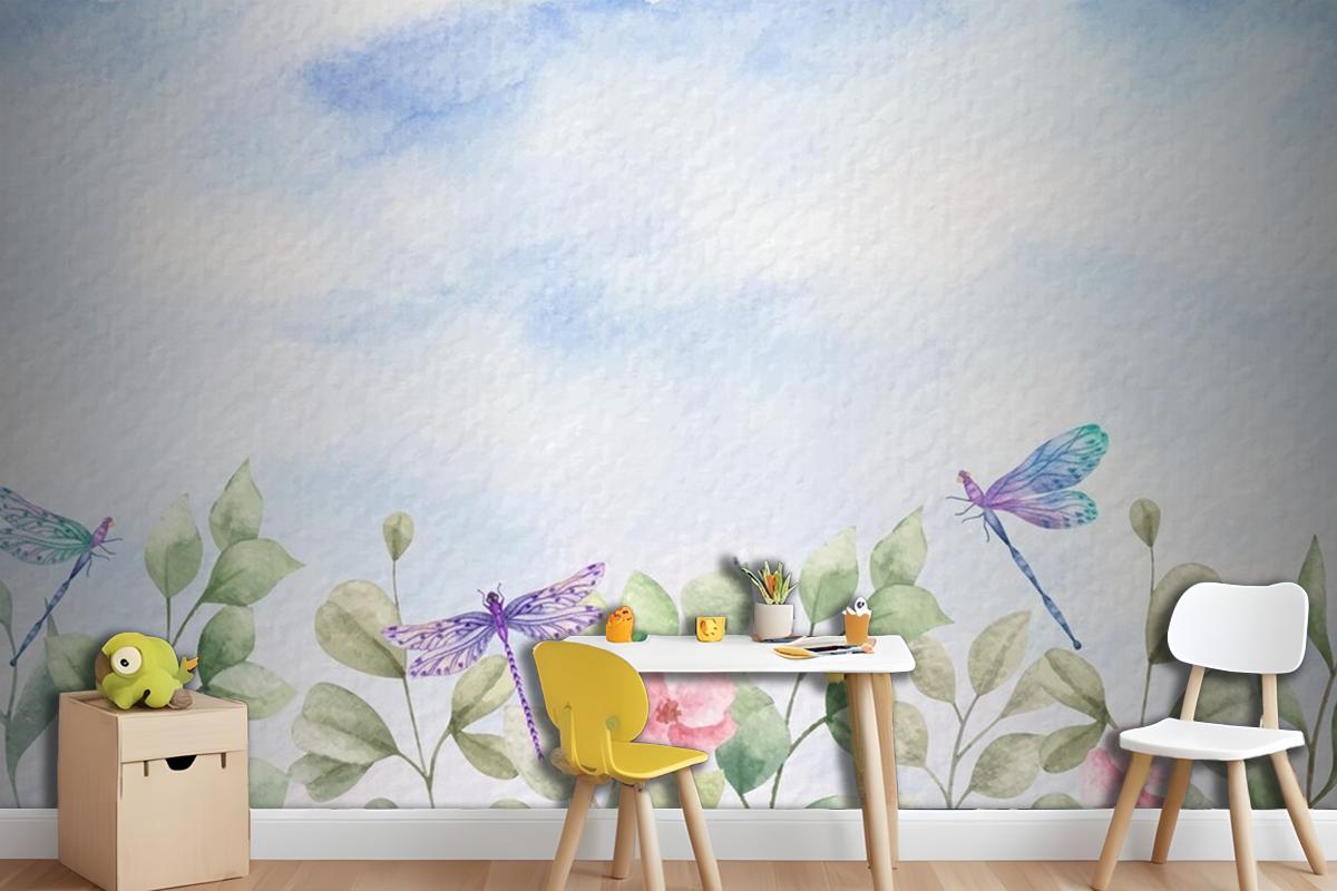 Watercolor Wild Leaves Landscape Background With Dragonflies Wallpaper Mural