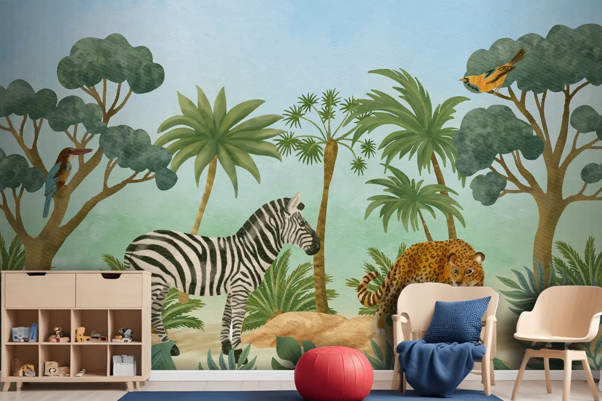 Watercolor Wildlife Background Kids Boy Wallpaper Mural