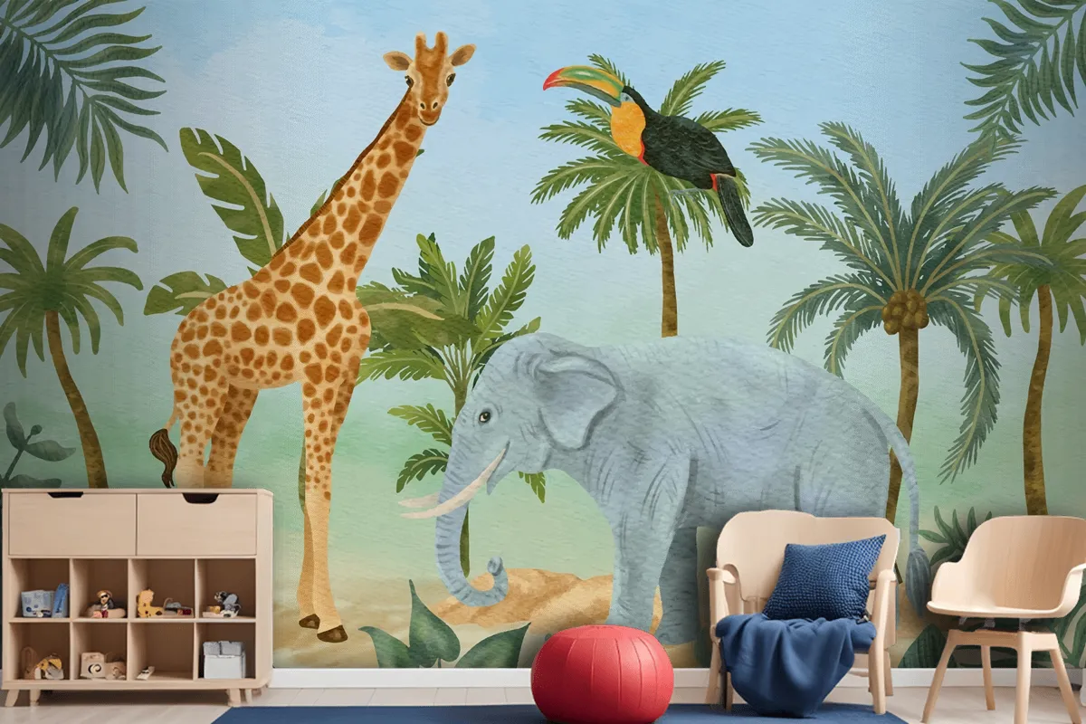 Watercolor Wildlife Background Kids Boys Wallpaper Mural