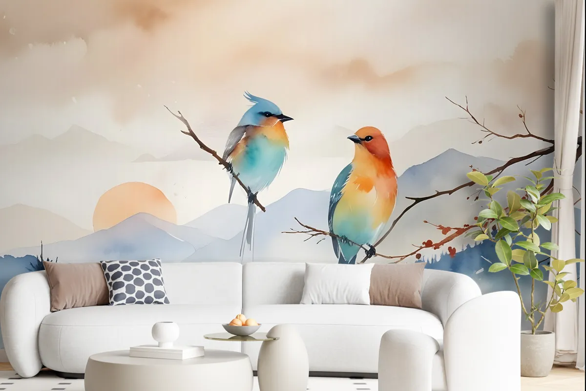 Watercolor Winter Landscape And Colorful Bird Wallpaper Mural