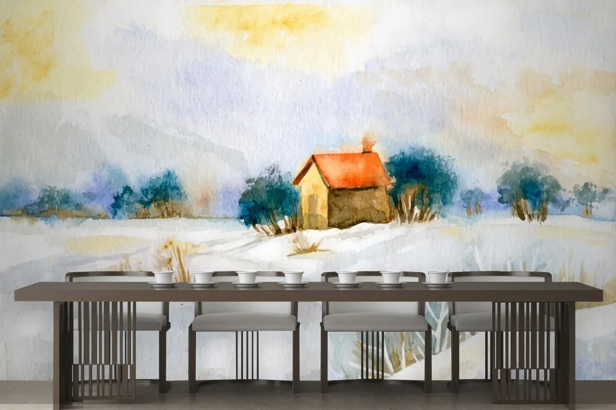 Watercolor Winter Landscape Wallpaper Mural