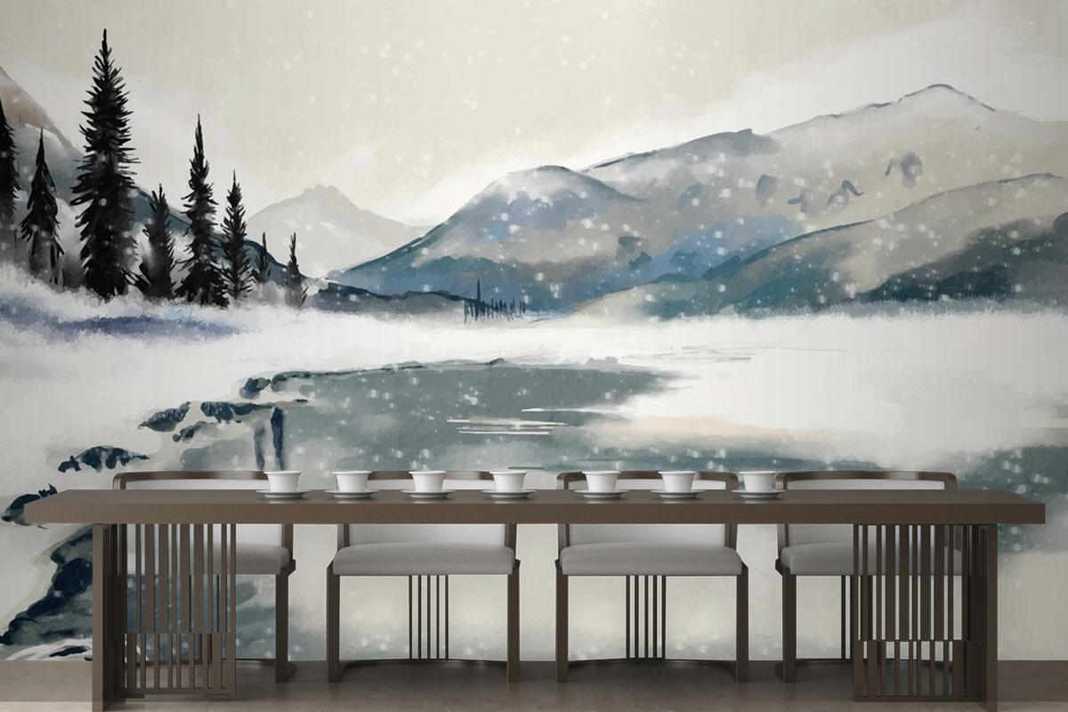 Watercolor Winter Landscape Dining Room Wallpaper Mural