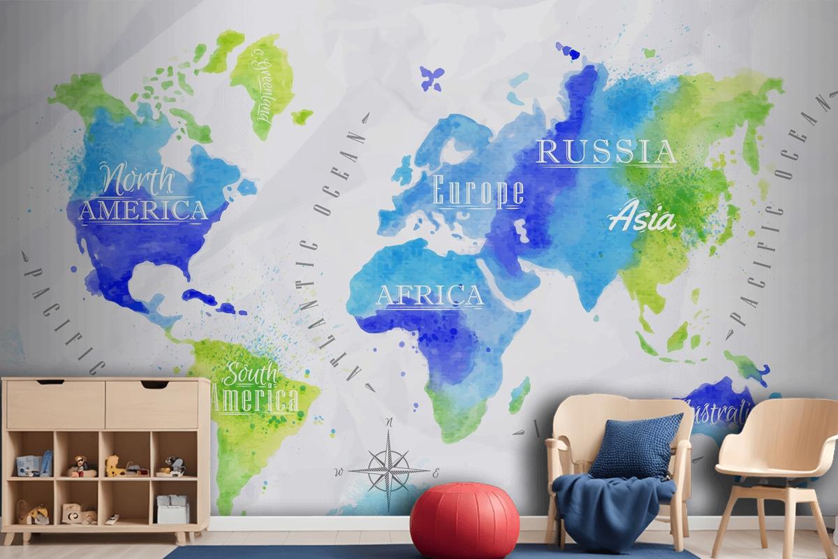 Watercolor World Map Kids Wallpaper Mural