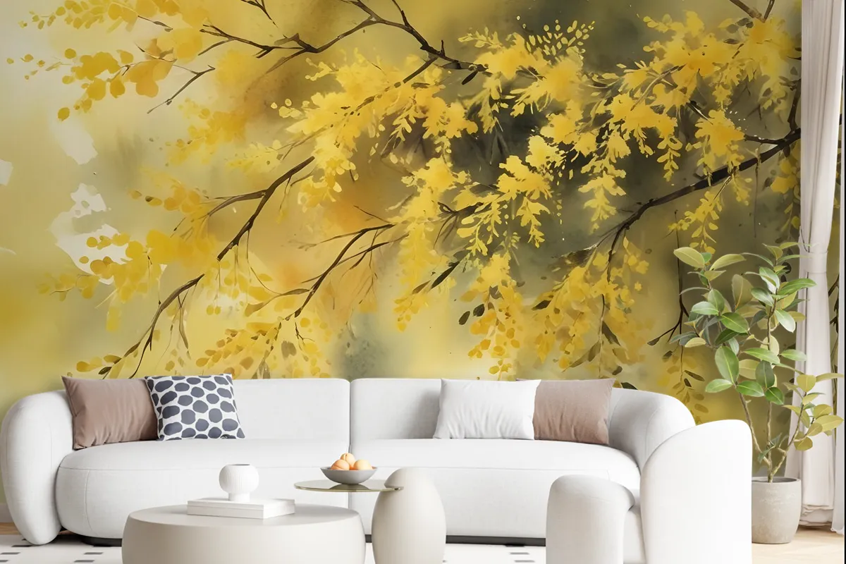 Watercolor Yellow Tree Landscape Wallpaper Mural