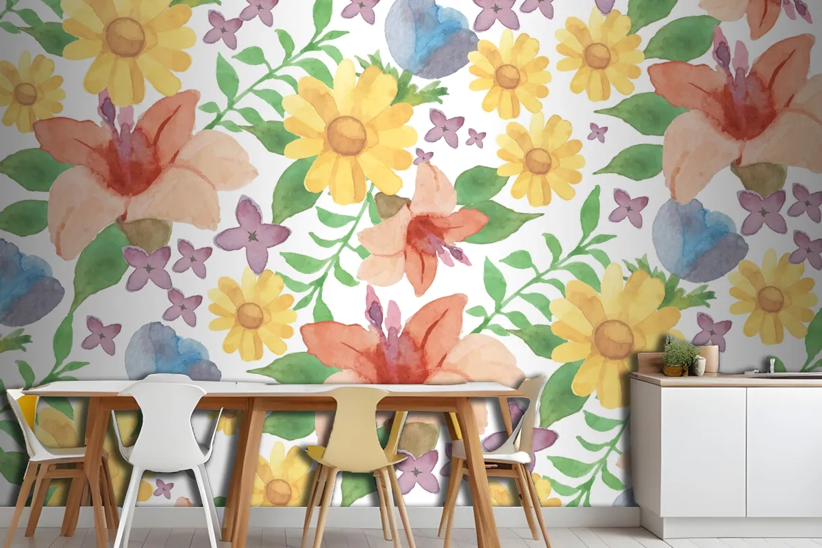 Watercolour Floral Background With Lilies Wallpaper Mural