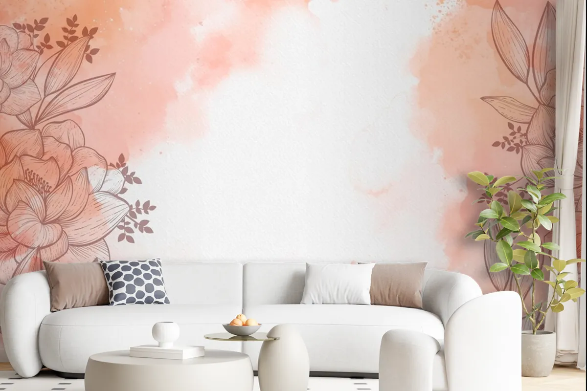 Watercolour With Hand Drawn Flowers Background Wallpaper Mural