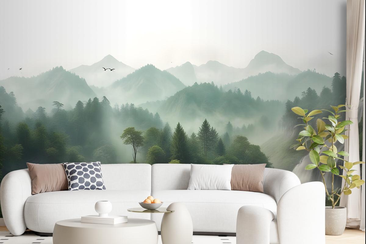 Waterfall With Misty Green Forest Landscape Wallpaper Mural