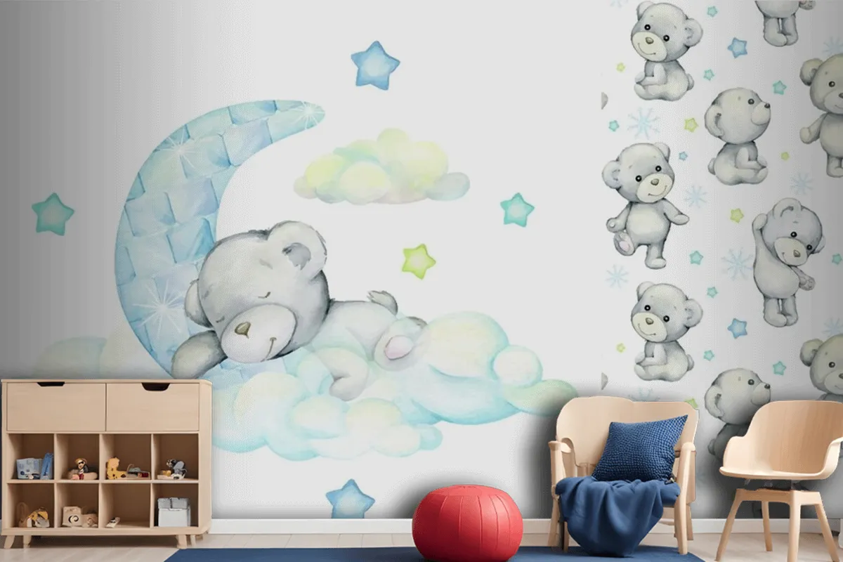 White Bear Sleeps On The Moon And Clouds Wallpaper Mural