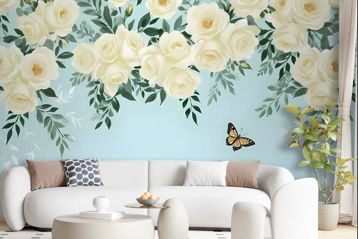 White Flowers And Yellow Butterfly Wallpaper Mural