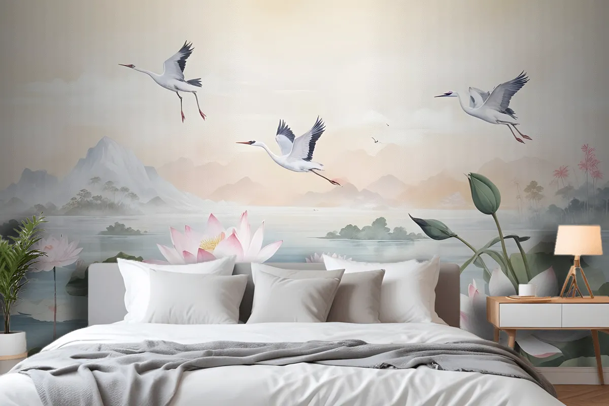 White Lotus Floral And Crane Birds Wallpaper Mural