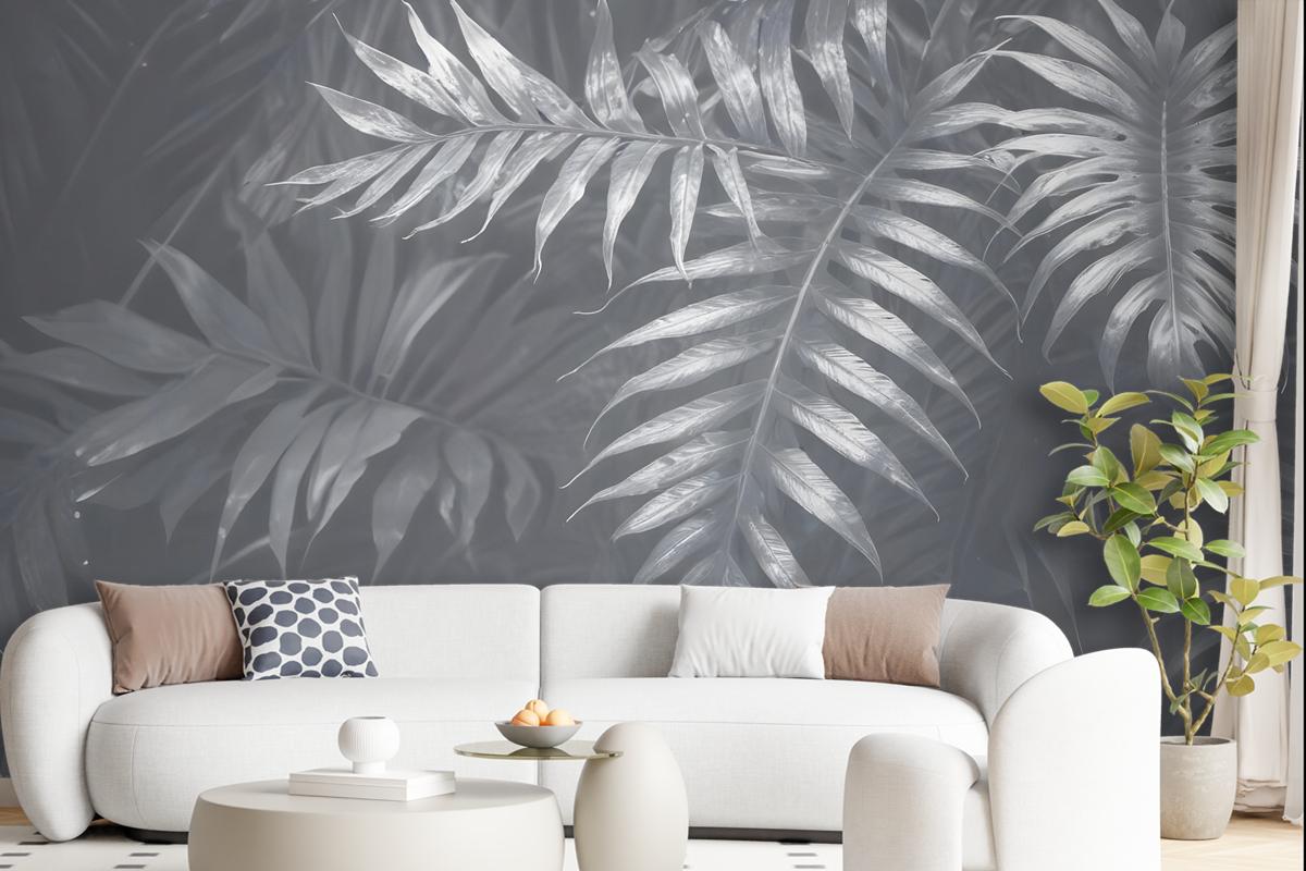 White Tropical Leafy Wallpaper Mural