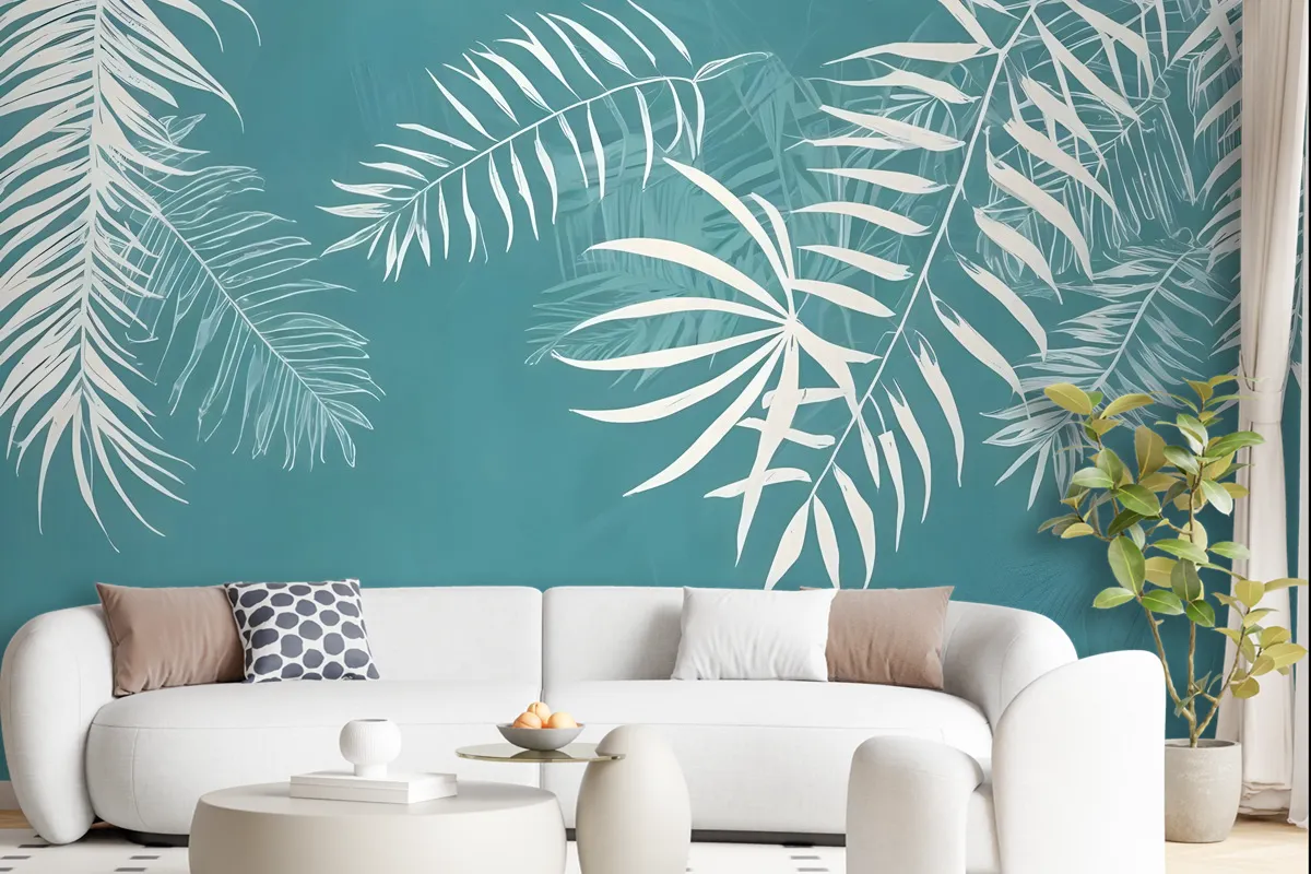 White Tropical Leaves Wallpaper Mural