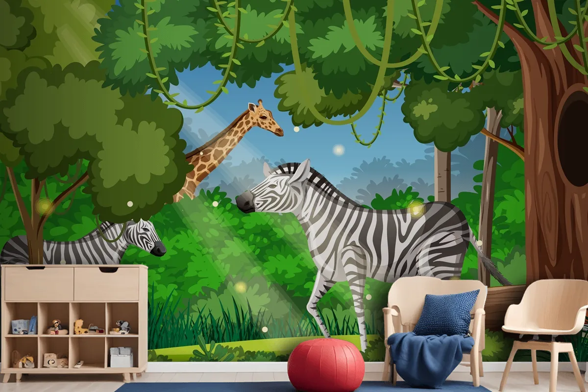 Wild Animals In Forest Landscape Wallpaper Mural