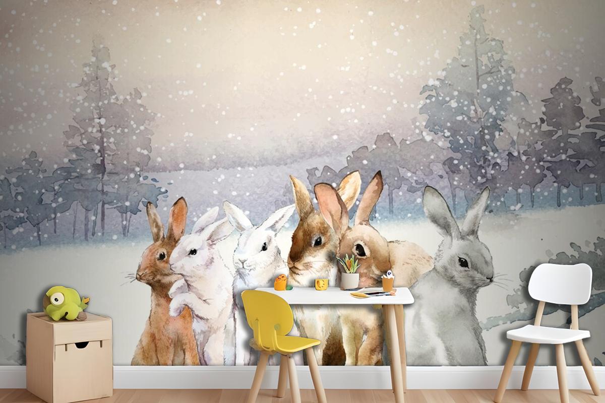 Wild Rabbits In The Winter Snow Painted By Watercolor Wallpaper Mural