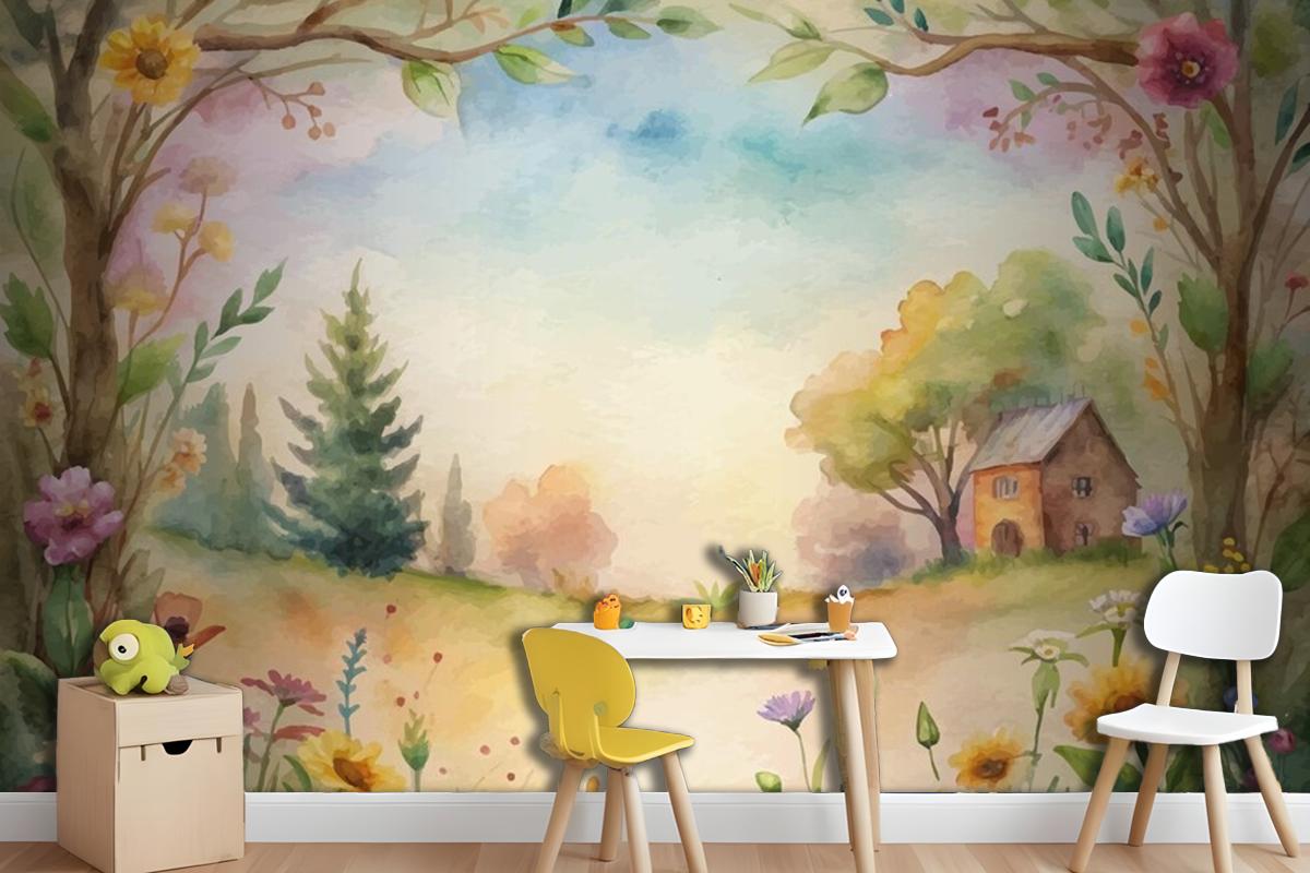 Wildflower Watercolor Background In The Countryside Wallpaper Mural