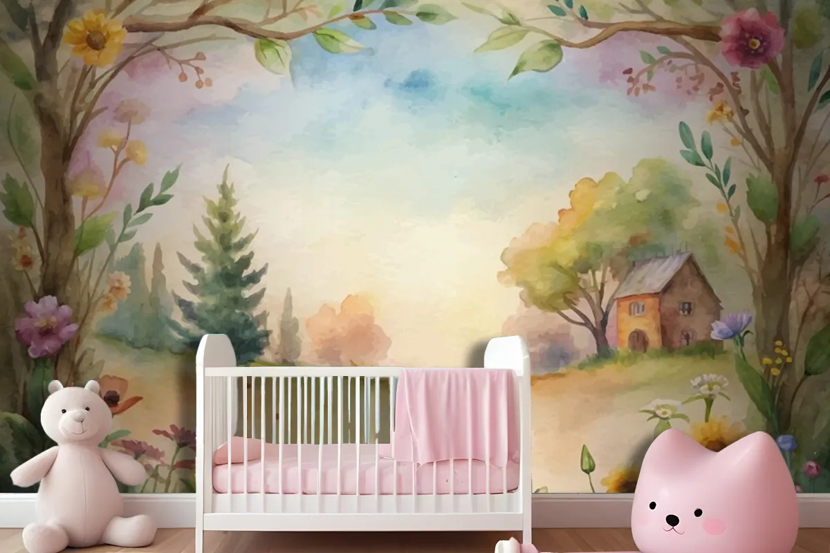 Wildflower Watercolor Background In The Countryside Wallpaper Mural