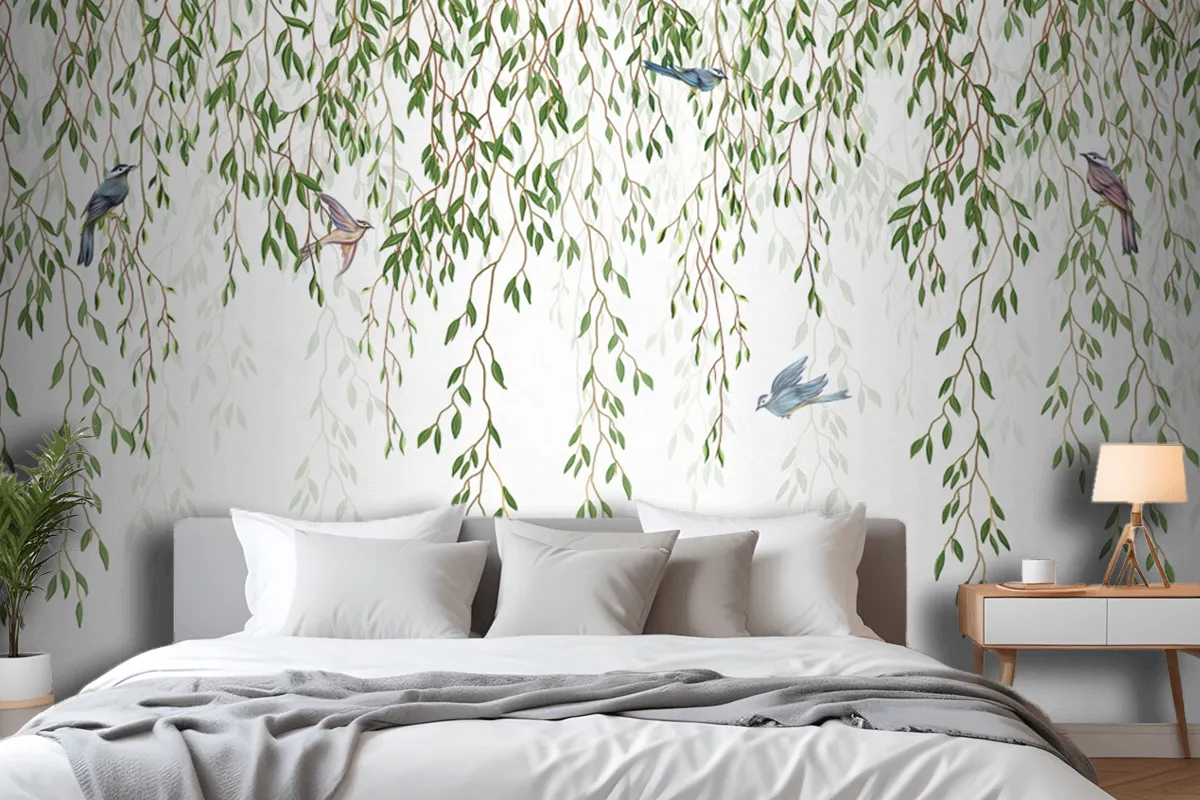 Willow Branches Hanging From Above With Birds On A White Background Wallpaper Mural