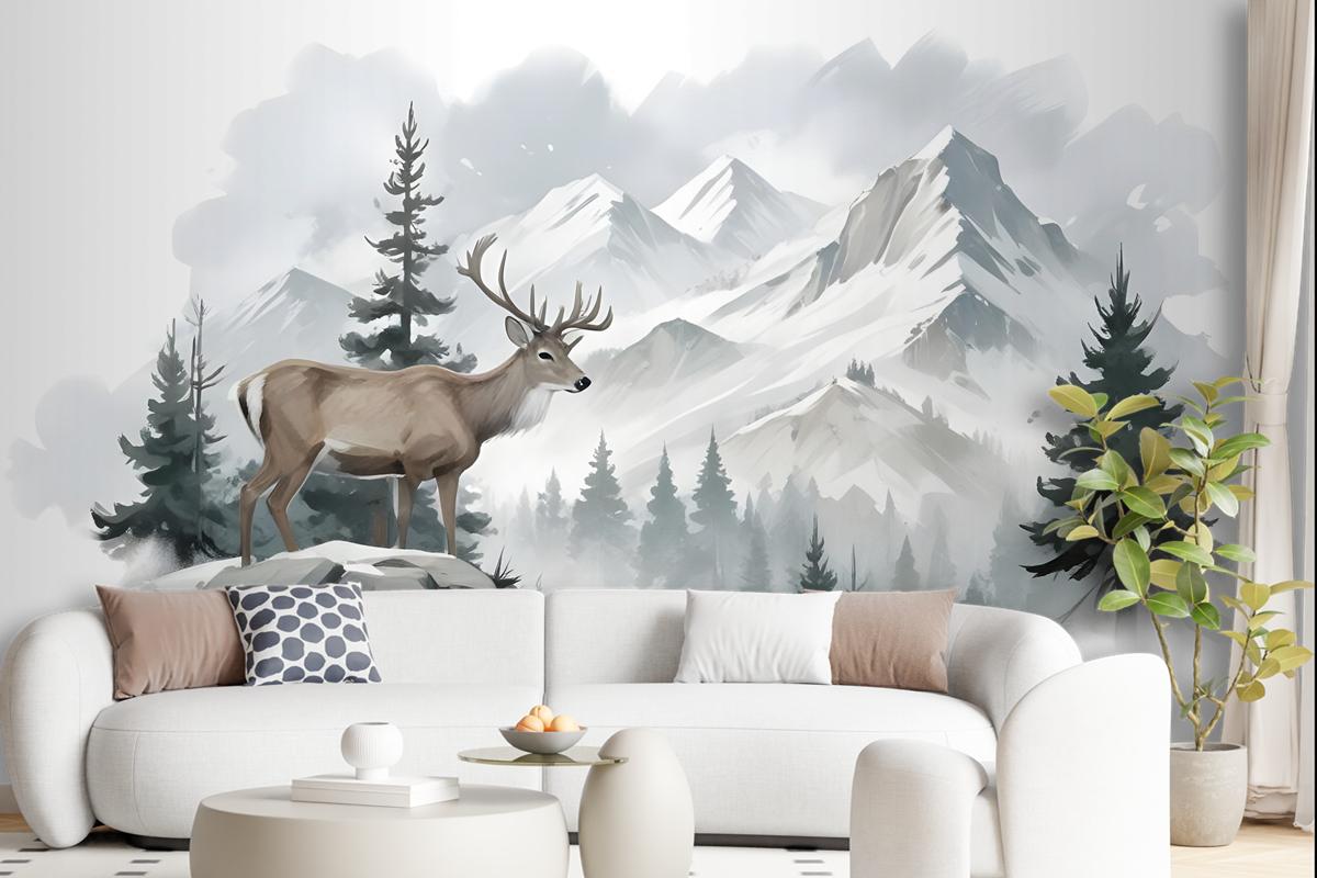 Winter Forest And Horned Deer Wallpaper Mural