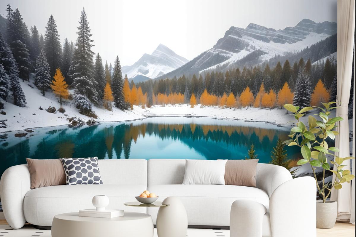 Winter Lake Landscape With Pine Forest Wallpaper Mural