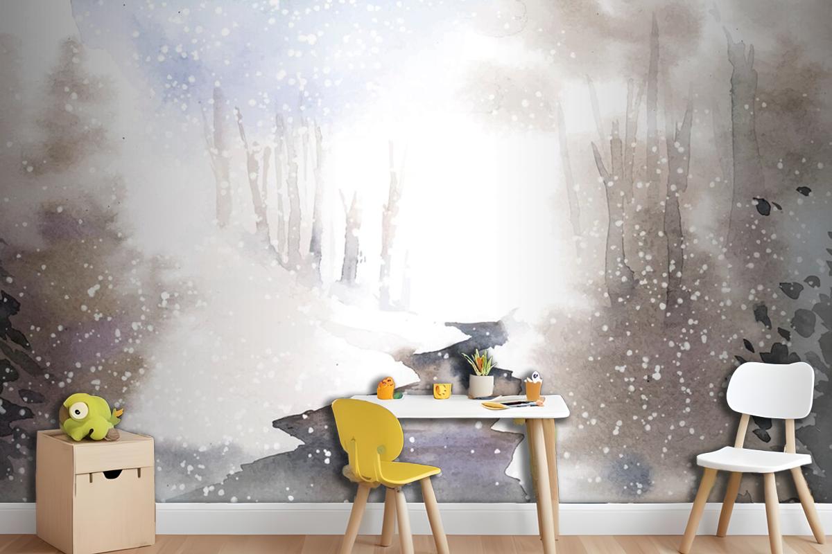 Winter Wonderland Landscape Painted By Watercolor Wallpaper Mural