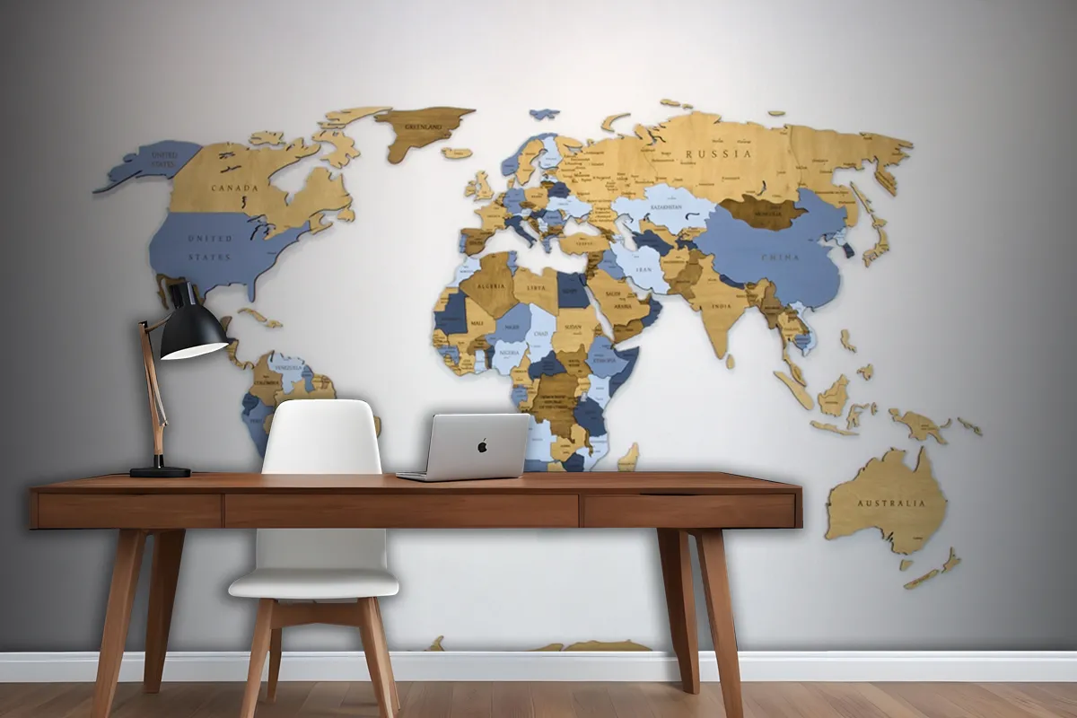 Wooden Color Multilayer World Map On A White Wallpaper Mural