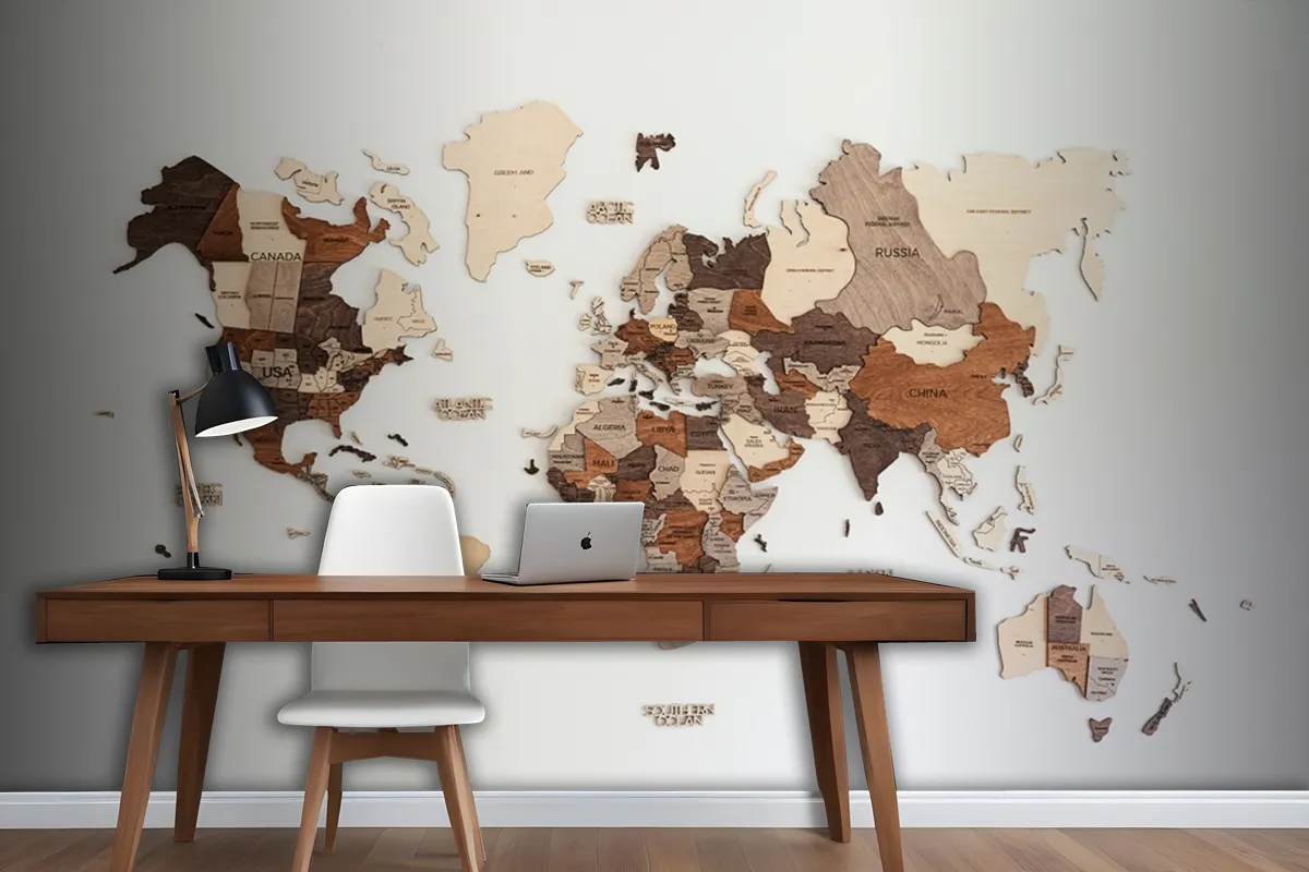 World Map Made Of Wood Crafts Wallpaper Mural