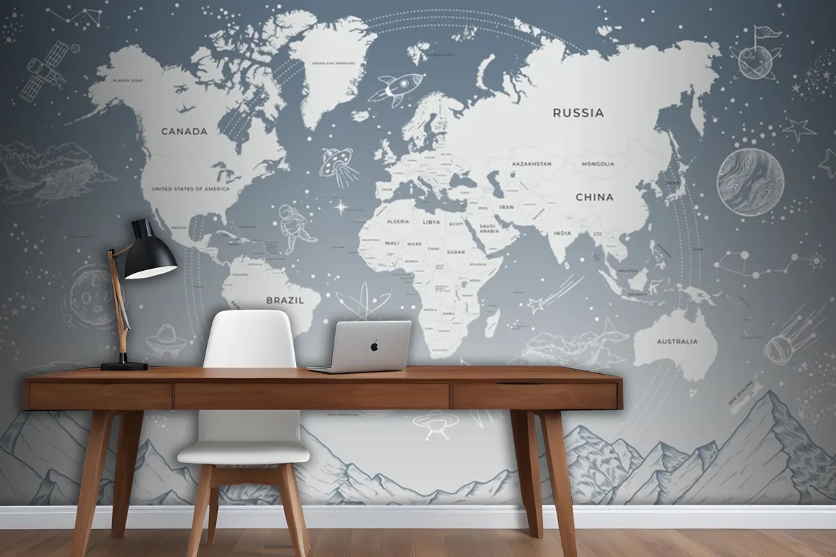 World Map Soft Blue Background Solar System Galaxy Space Wallpaper Mural