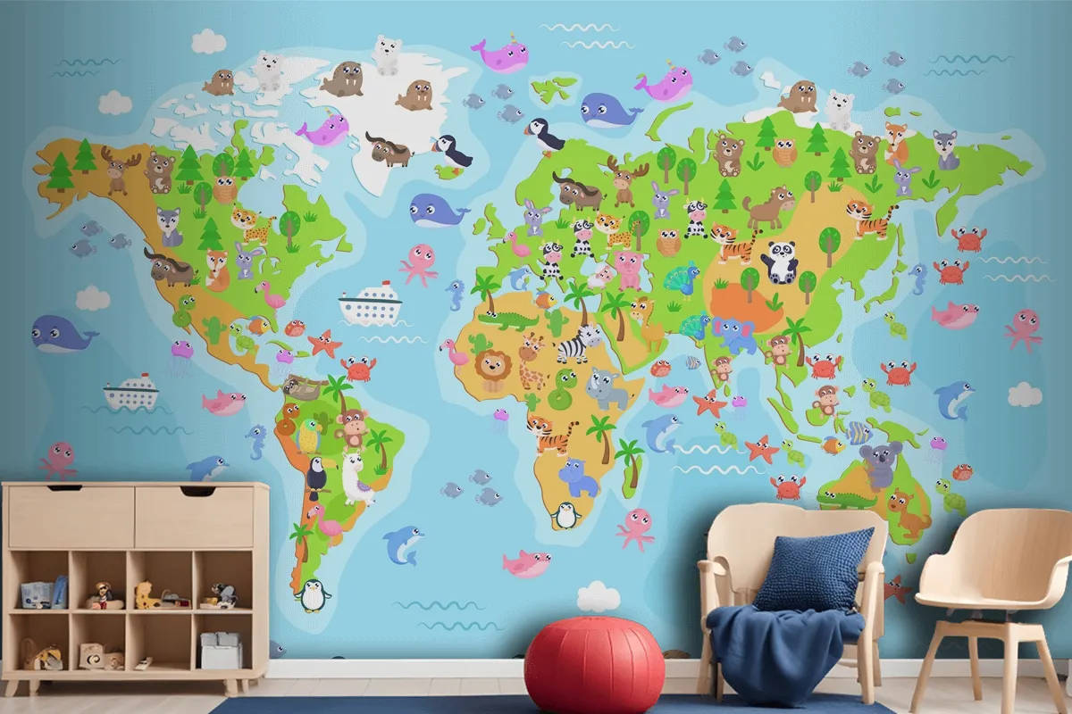 World Map With Animals For Kids Wallpaper Mural