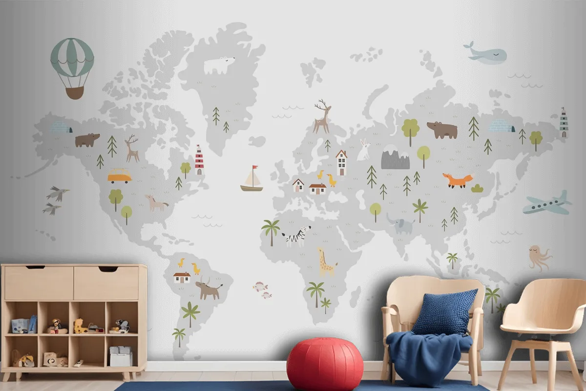 World Map With Animals Houses Nature Elements Wallpaper Mural